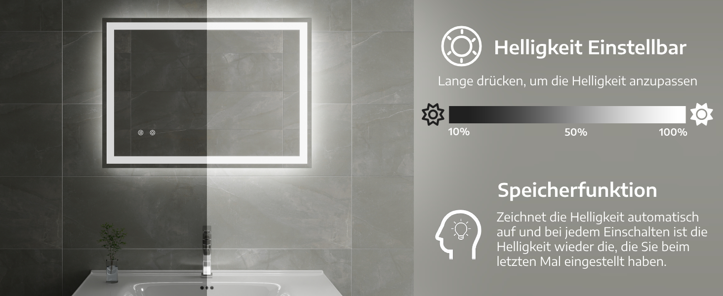 Дзеркало для ванної кімнати з підсвіткою 80x60 см, LED дзеркало з 3 кольорами світла, регульована яскравість, захисне скло, сенсорне управління, функція пам'яті, запобігання запотіванню, 60L x 80B cm