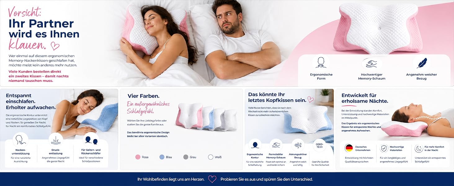 Ортопедична подушка для шиї та голови Premium з ефектом пам'яті (Memory Foam), ергономічна подушка-метелик для сну на боці та спині, рожева, зі знімним чохлом