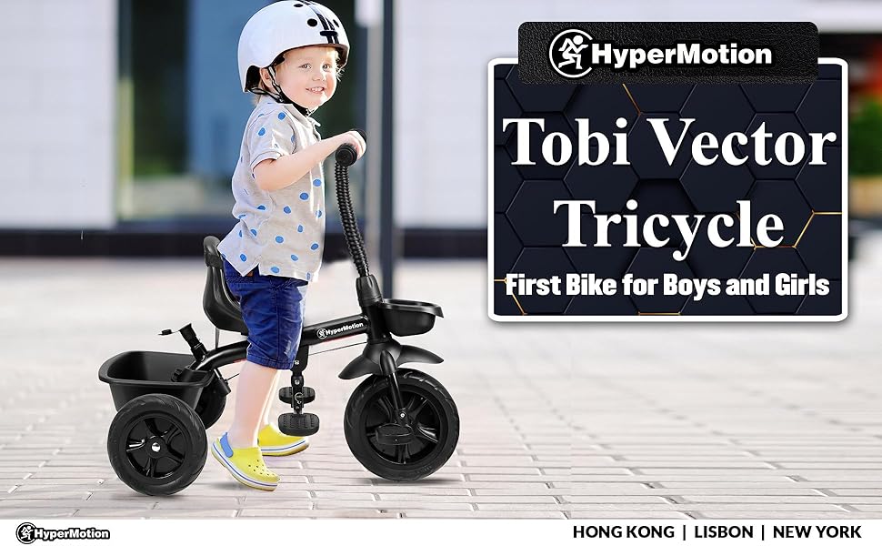 Триколісний велосипед дитячий Tobi Vector з ручкою для батьків, ременями безпеки, зручним сидінням, широкими колесами, чорний