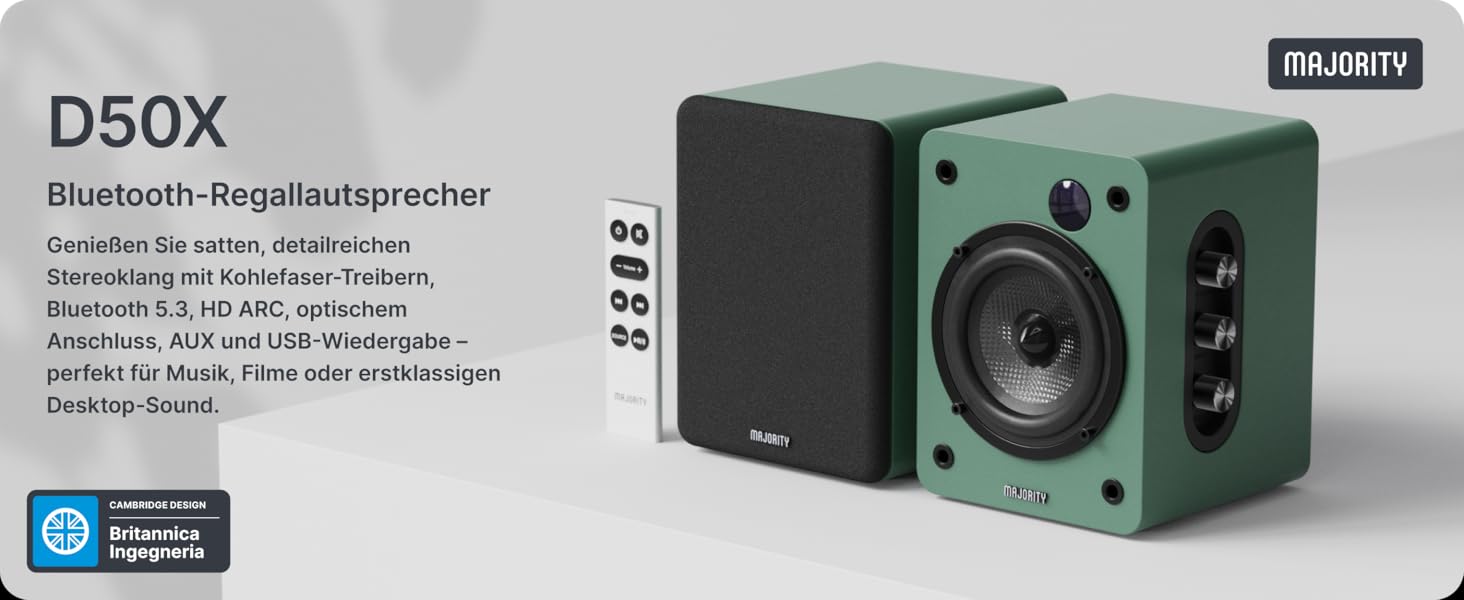 Активні колонки Majority D50X 60W 2.0 для ПК та HiFi: Bluetooth 5.3, HDMI ARC, AUX, вуглецевий диффузор, колір зелений