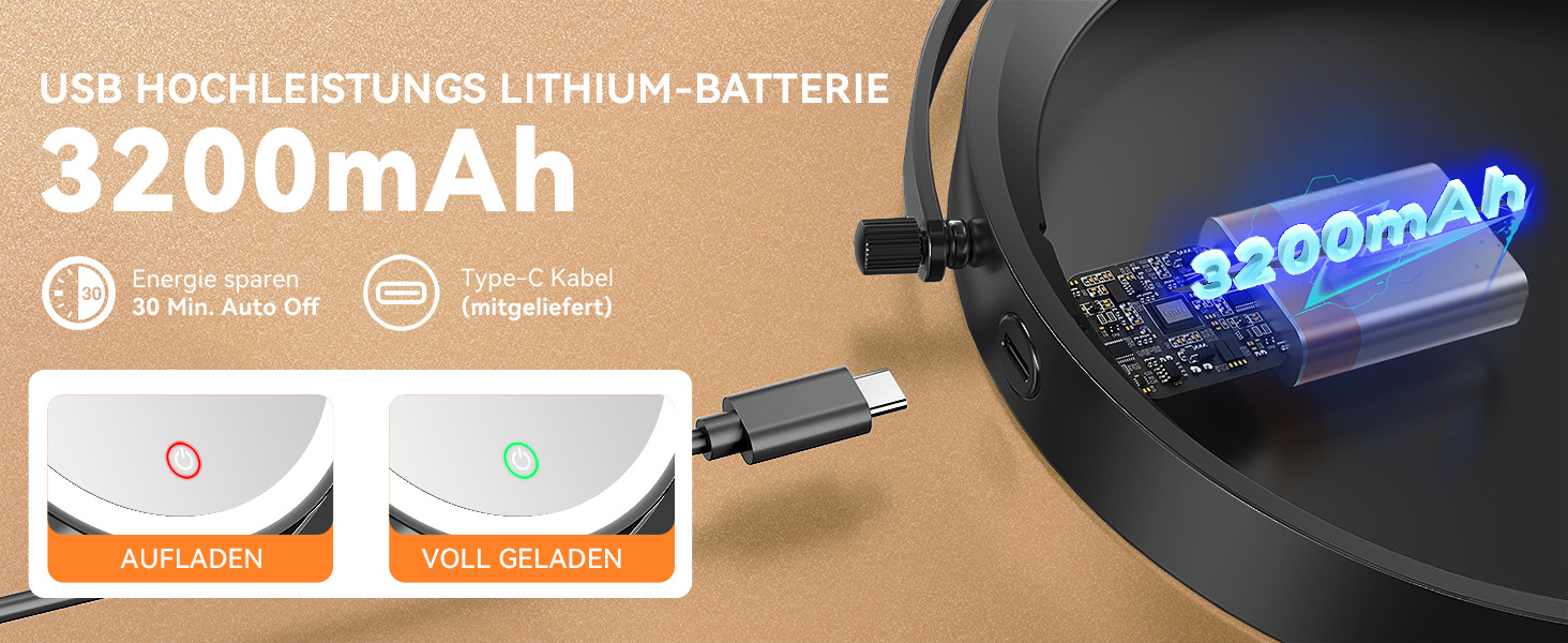 Дзеркало для макіяжу Auxmir з підсвічуванням, 1X/ Акумуляторний, 3200mAh, для гоління, настінний, з регулюванням яскравості, збільшення 30X, 3 кольори світла, поворот на 360°, для ванної кімнати (Чорний)