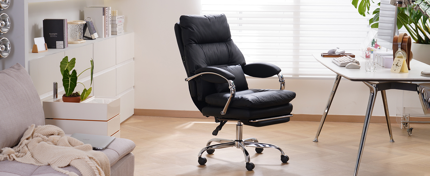 Офісний крісло EMIAH з підніжкою, комфортний крісло для роботи з підлокітниками, ергономічний крісло для начальника з PU шкіри та роликами, ігровий комп'ютерне крісло з потовщеною подушкою,(Чорний)