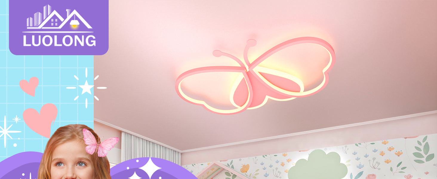 Дитячий стельовий світильник LUOLONG Butterfly Dimmable Acrylic, рожевий, 82см, кімната для дівчаток