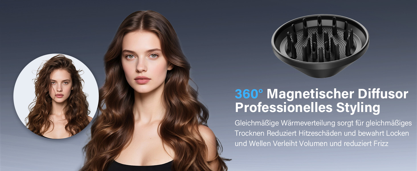 Професійний фен для волосся з дифузором, безщітковий двигун 110 000 об/хв, 400 млн плазмових іонів, низький рівень шуму 57дБ, чорний