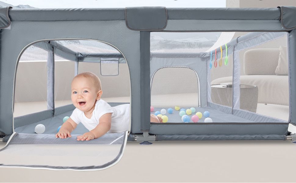 Дитячий манеж GLOKID 150 x 180 см з безпечним простіром для ігор, антиколізійні захисні бортики та дихаюча сітка, з м'ячиками та кільцями для гри (XWL 1218)