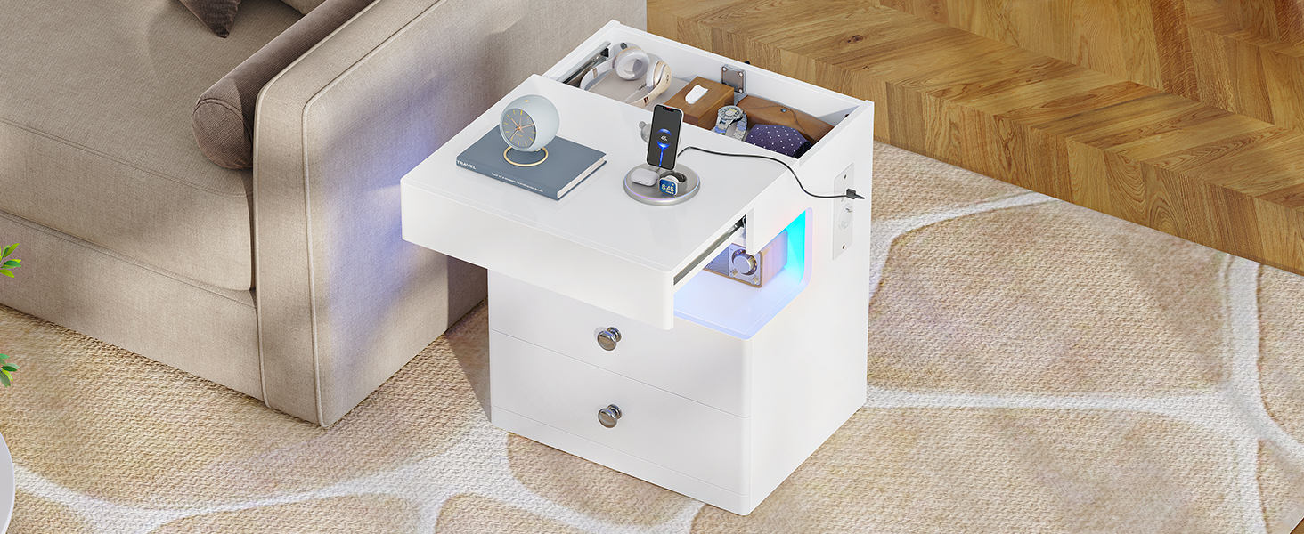 Нічний столик AOGLLATI з прихованим відділенням, розеткою та LED-підсвічуванням, 2 шухляди, висувний ящик, полиця, глянцева поверхня (40x35x59 см, чорний, 2)