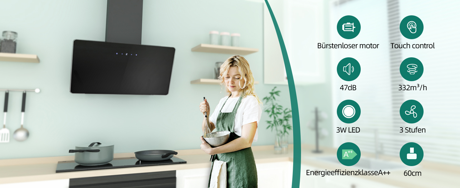 Похила витяжка для кухні FIREGAS 60 см, чорна (TouchControl), режим відведення та рециркуляції, безщеточний мотор, LED-підсвітка, клас енергоефективності A++