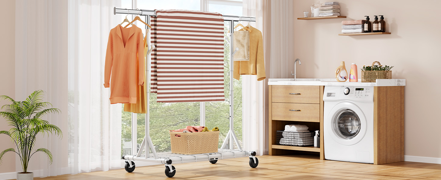 Стійка для одягу на колесах FAVOOOSTY, металева, мобільна, до 200 кг, швидка установка, білий колір, 1 перекладина