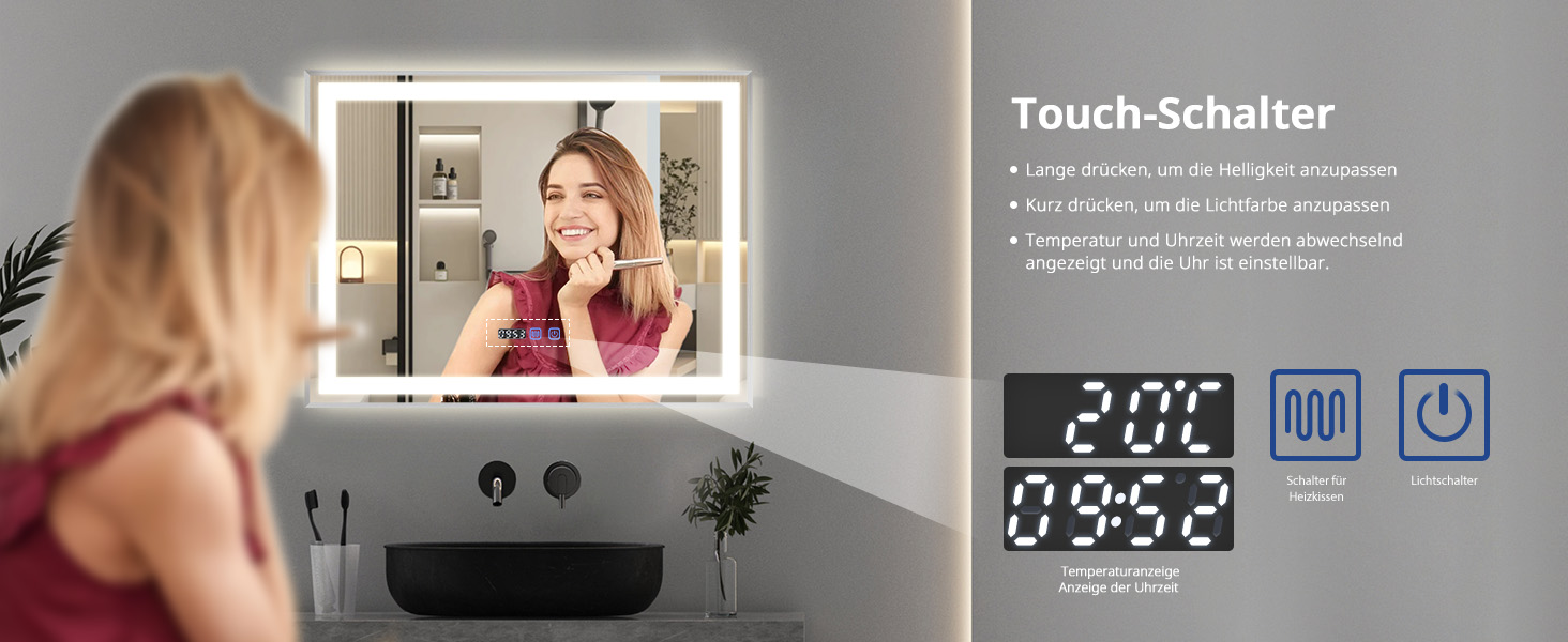 Дзеркало для ванної кімнати YOURLITE з LED-підсвічуванням 100x60 см, сенсорне управління, годинник, антизапар, 3 кольори світла, регулювання яскравості, функція пам'яті, білий (срібло)