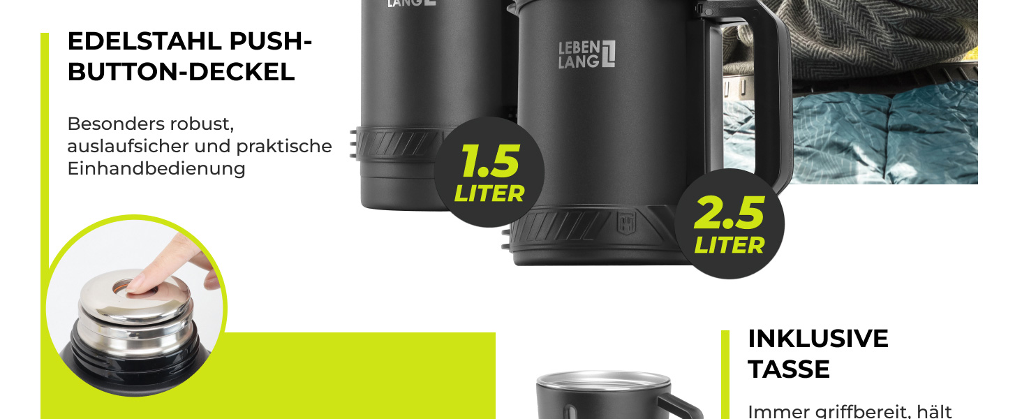 Термос LEBENLANG 2,5 л з чашкою, ситом та ремінцем | Нержавіюча сталь, 24 год зберігання тепла | Термокружка, ізотермос, фляга 2500 мл