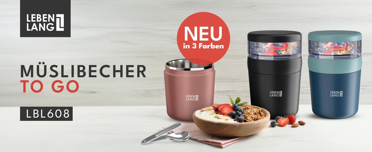 Мюслі-кружка LEBENLANG To Go з ложкою - ізольована чашка з нержавіючої сталі, 650 мл. Чашка для мюслі, йогурту, каші, для дітей та дорослих, рожева, 500 мл + 150 мл
