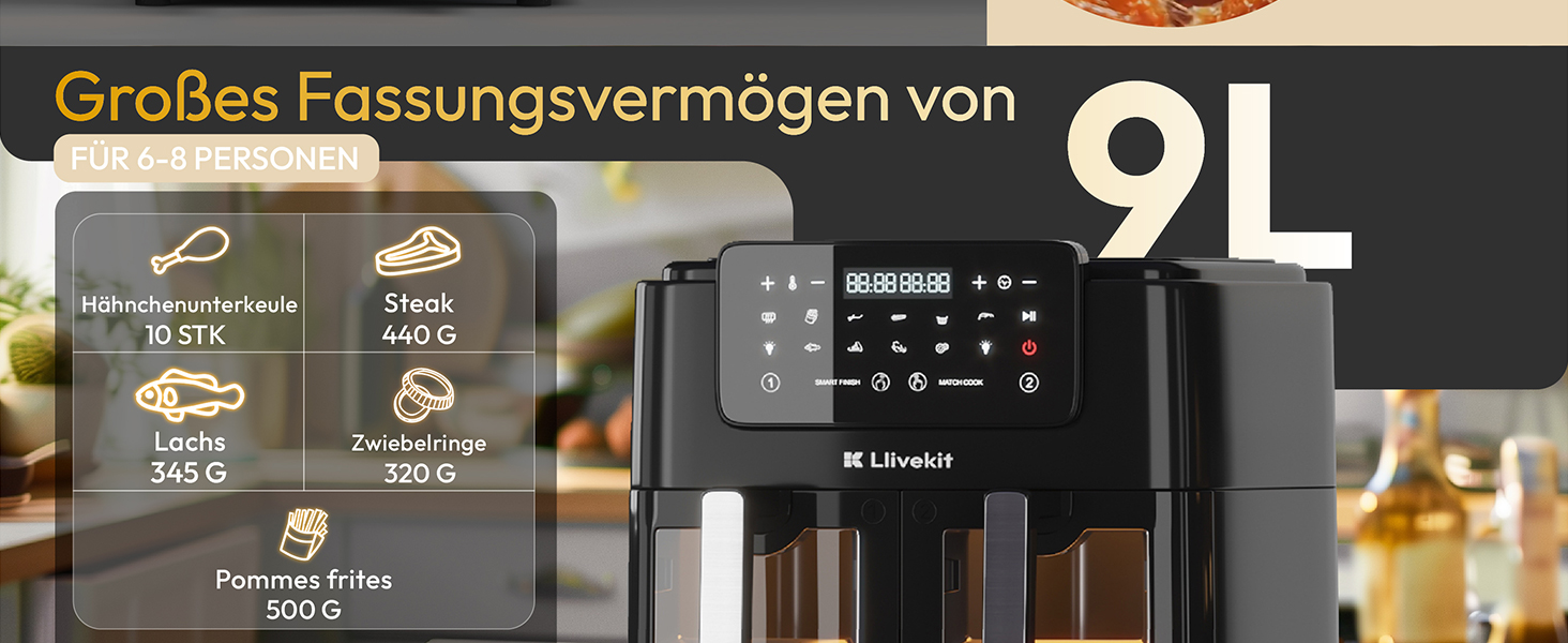 Аерофритюрниця LLIVEKIT 9L з двома камерами (4.5L+4.5L) та вікном перегляду, мультипіч 9-в-1 з сенсорним керуванням та таймером, чорна