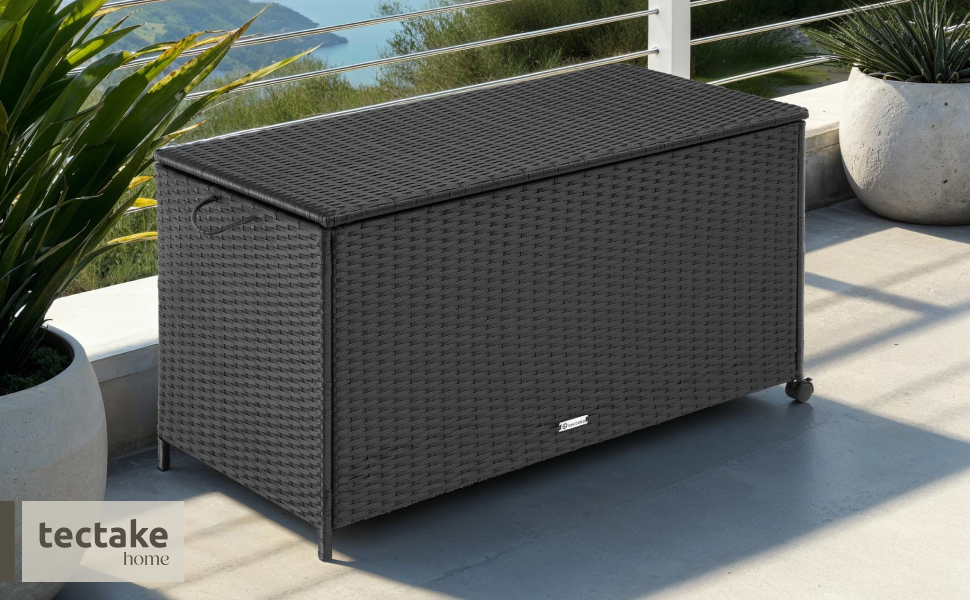 Скриня для саду Tectake з ротангу, чорна, 297л, водонепроникна, на колесах, для тераси та балкону 117x54x64 см