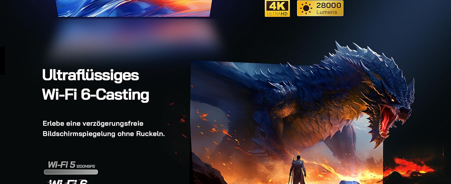 Міні проектор WOLFANG 4K з автофокусом та корекцією трапеції, 28000 люмен, WiFi 6, Bluetooth, для домашнього кінотеатру, 180° підставка, підтримка iOS/Android, для показу на вулиці