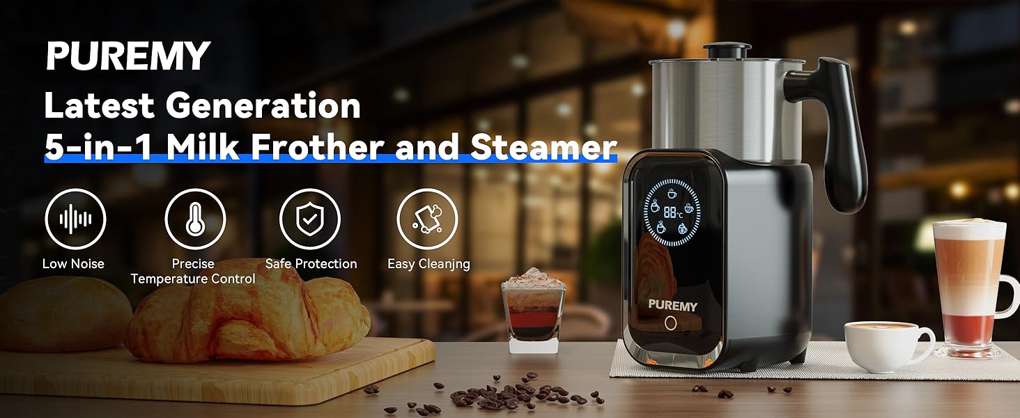 Електричний спінювач молока 5-в-1, 600 мл, з регулюванням температури, для лате, капучино, чорний