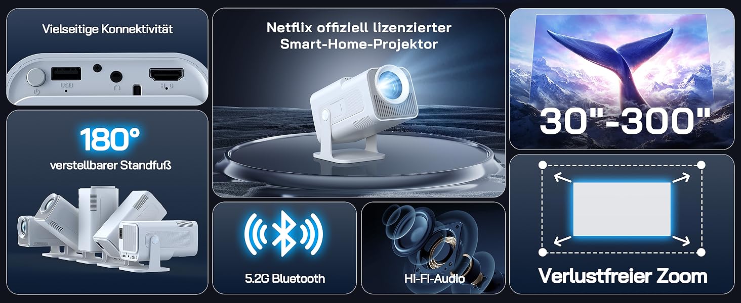 WOLFANG Міні проєктор 4K з Netflix, 26000 люмен, WiFi 6, Smart, 50% Zoom, 180° обертання, сумісний з TV Stick, iOS, Android, PC, PS5, HDMI, AV