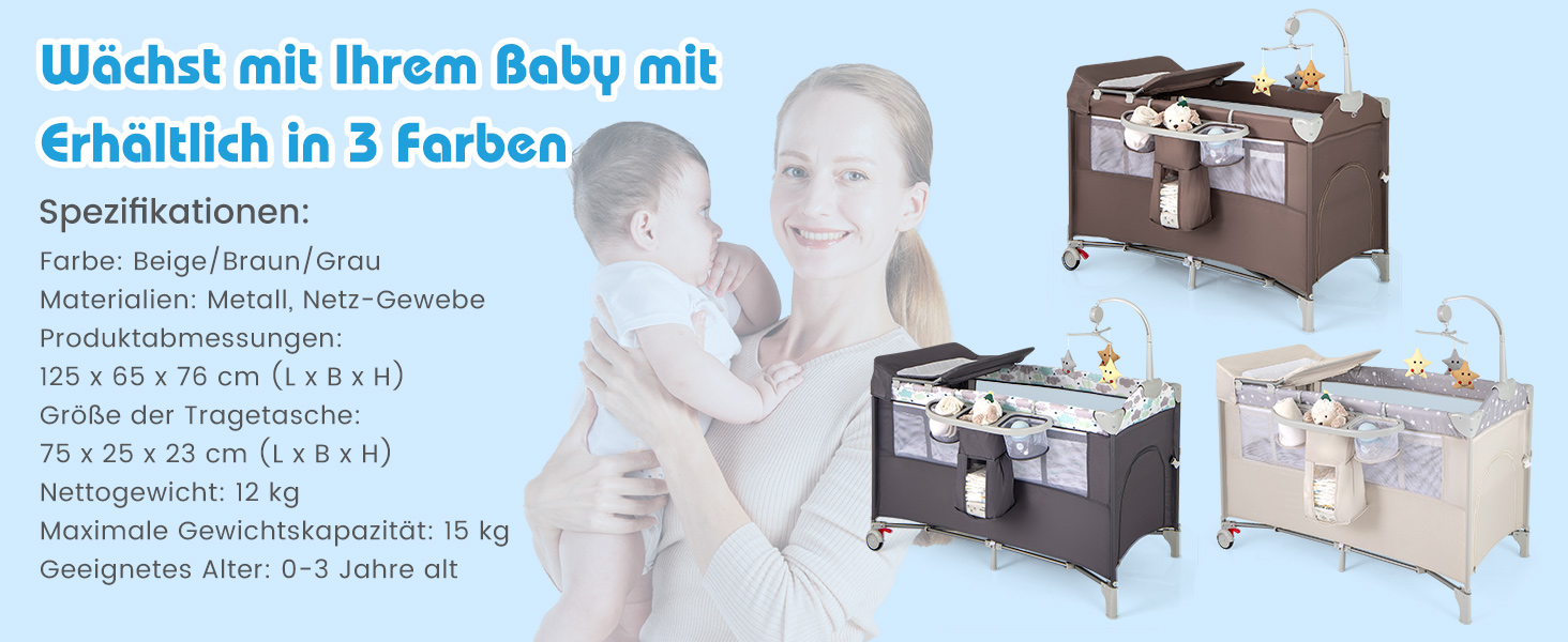 Дитяче ліжко-манежа Dreamade 120 x 60 см з колесами, 4 в 1: ліжко, манежа, пеленальний столик, туристичне ліжко для новонароджених (Сірий)