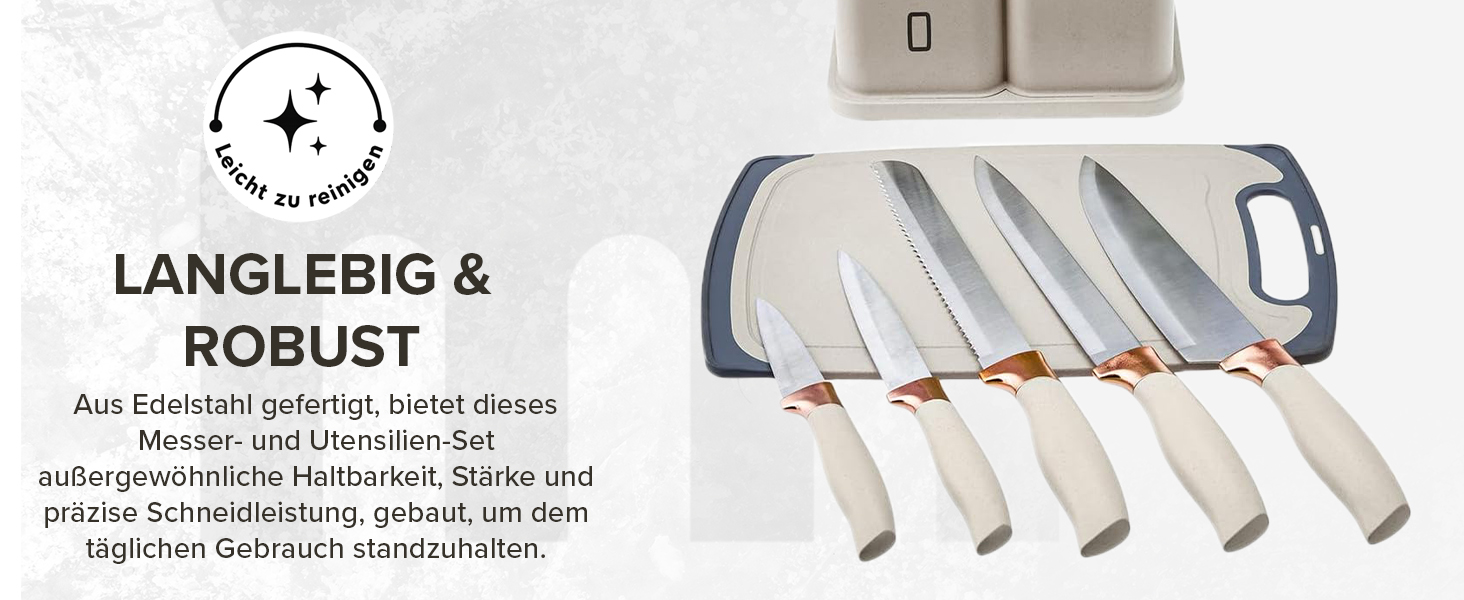 Набір ножів Karaca Gusto 12 предметів з дерев'яною підставкою та кухонними аксесуарами, з нержавіючої сталі, ергономічні ручки, кремовий колір