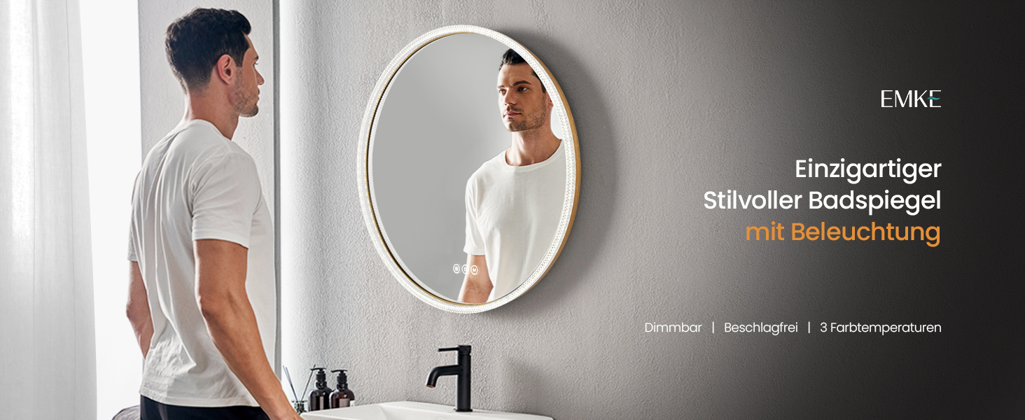 Дзеркало для ванної кімнати EMKE з підсвічуванням, 80 см, 3 кольори світла, регулювання яскравості, антизапар, сенсорне управління, функція пам'яті, енергозбереження, кругле, золотий фрейм (60x60 см)