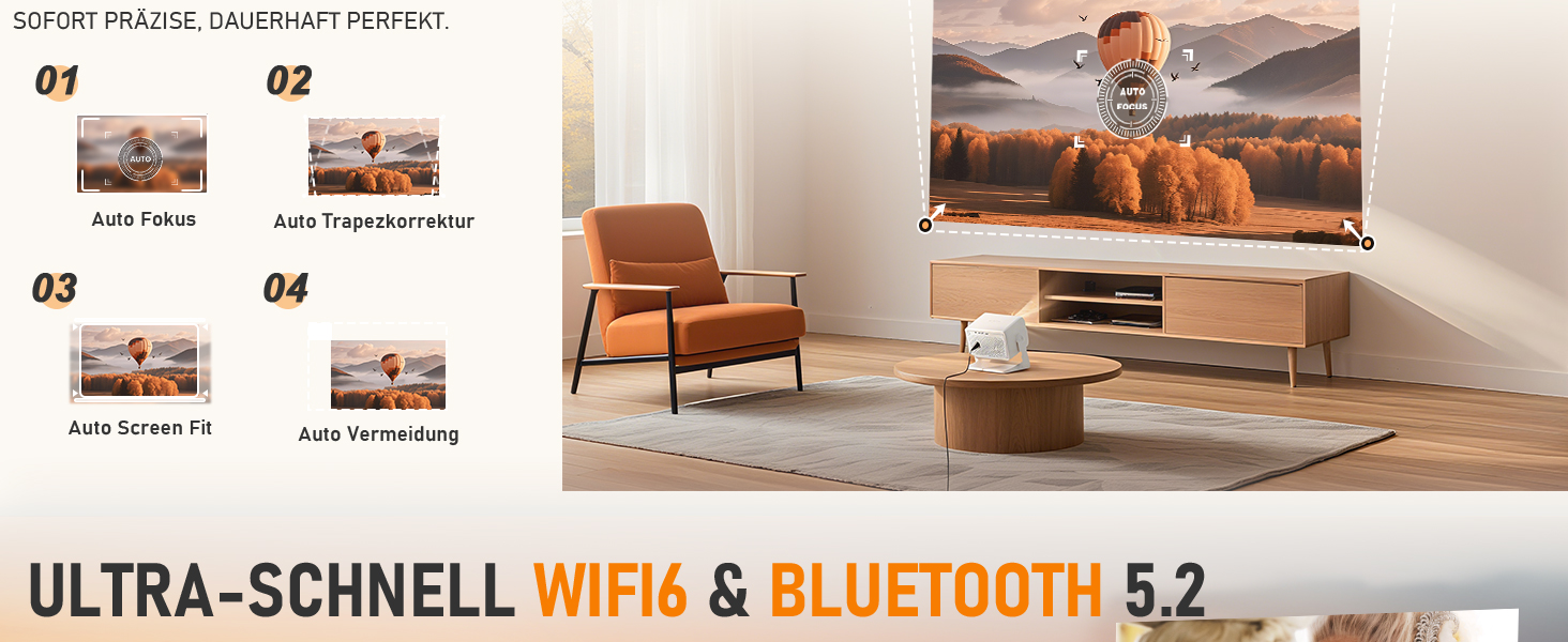 Smart Mini Beamer 4K VISSPL 3000ANSI: Wi-Fi, Bluetooth, Full HD 1080P, Автофокус, Трапецеїдальна корекція, для дому та вулиці (Кремово-білий)
