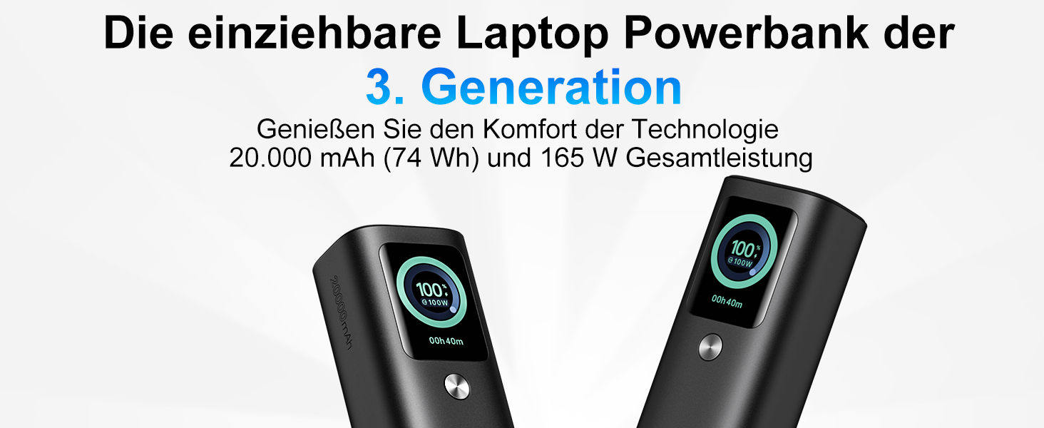 Power Bank AsperX 20000mAh, 165W, 2x USB-C (100W), для ноутбуків, iPhone, MacBook, Samsung, вбудований кабель 60см, TFT-дисплей