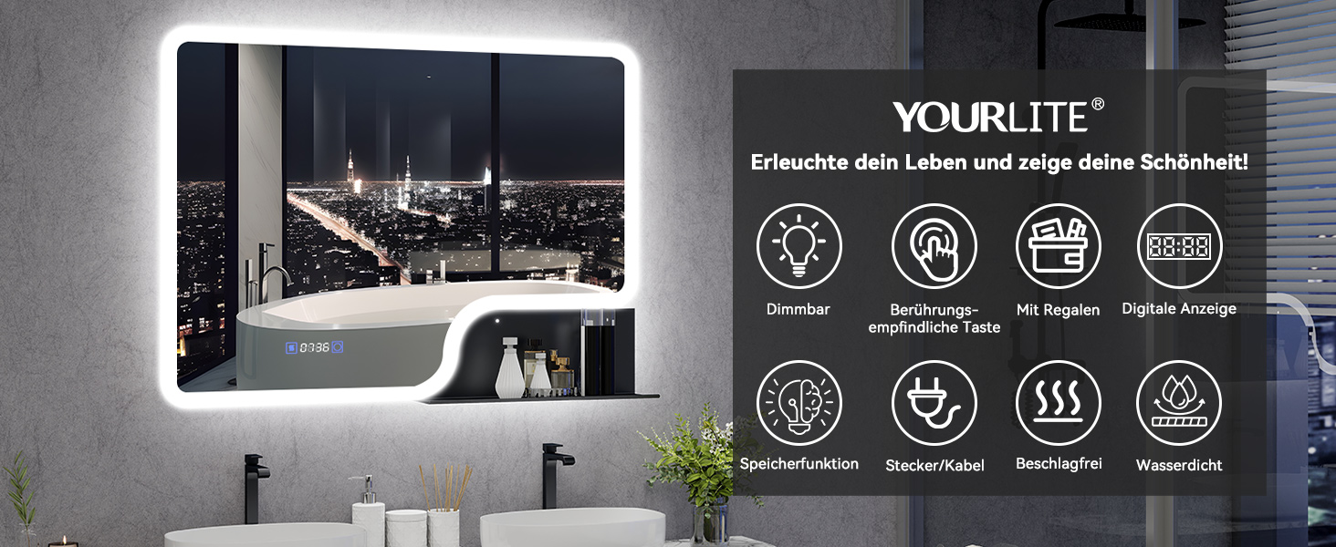 Дзеркало для ванної кімнати YOURLITE з LED-підсвічуванням 100x60 см, сенсорне керування, годинник, антизапар, 3 кольори світла, регулювання яскравості, без запотівання, функція пам'яті, білий