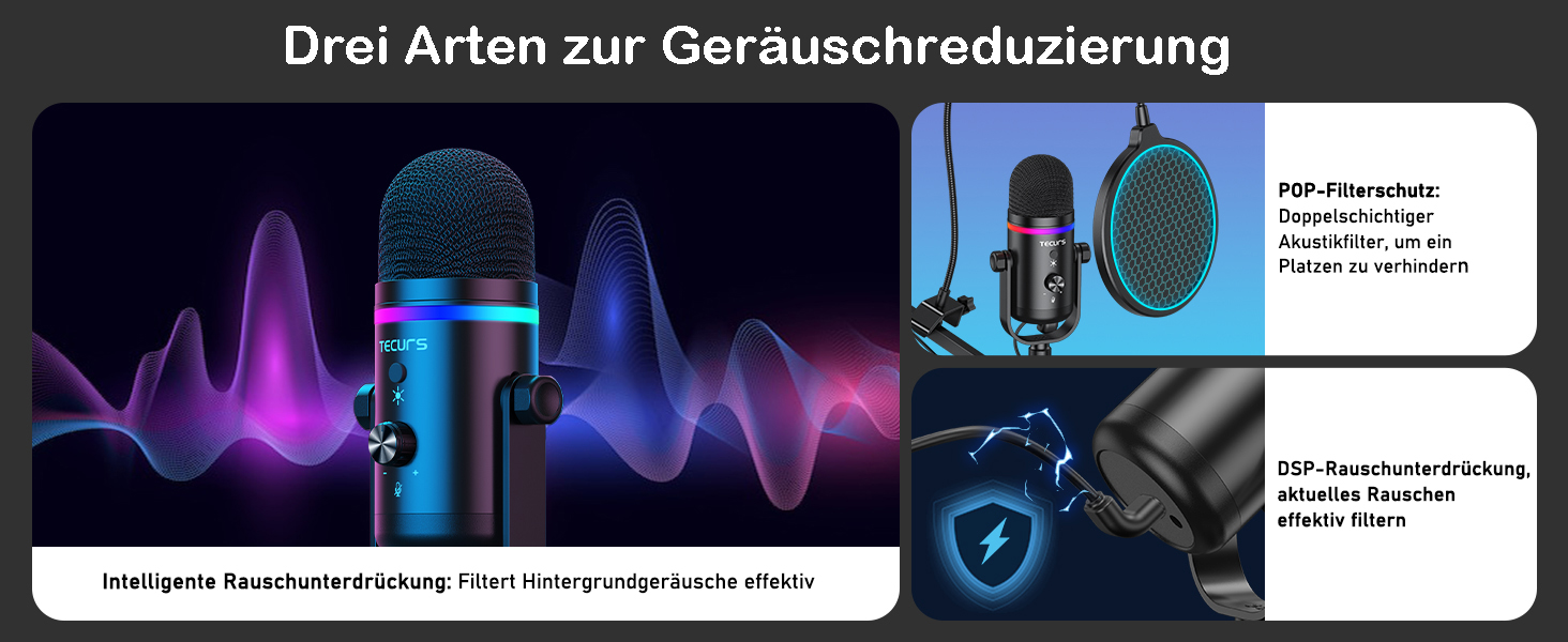 TECURS Мікрофон USB для ігор з RGB підсвічуванням, шумозаглушенням та студійним звуком – для стрімінгу, подкастів, PC, Mac, PS4, консолі, чорний