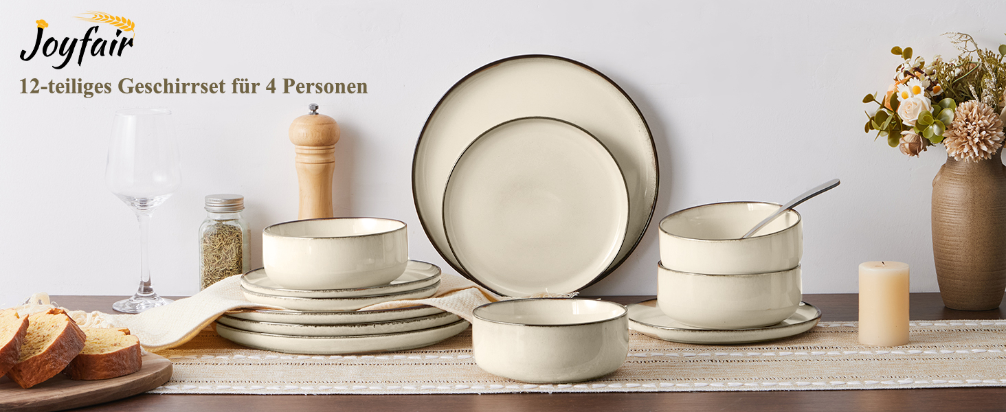 Набір посуду Joyfair на 6 осіб, 18 предметів, кераміка, рифлений хакі. Тарілки обідні, десертні, миски для сніданку. Підходить для мікрохвильовки та посудомийної машини
