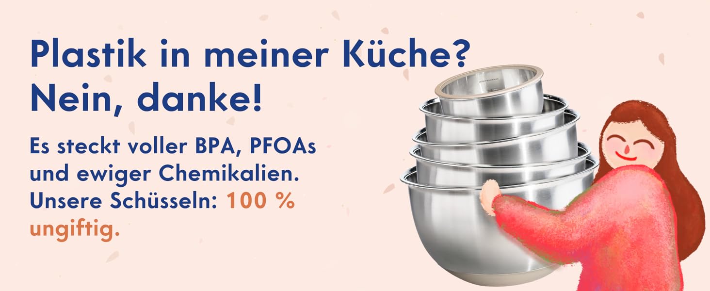 Набір мисок Ziruma з кришками - 5 шт. з нержавіючої сталі, без пластику, скляні кришки, для кухні, 0.9-4.3L
