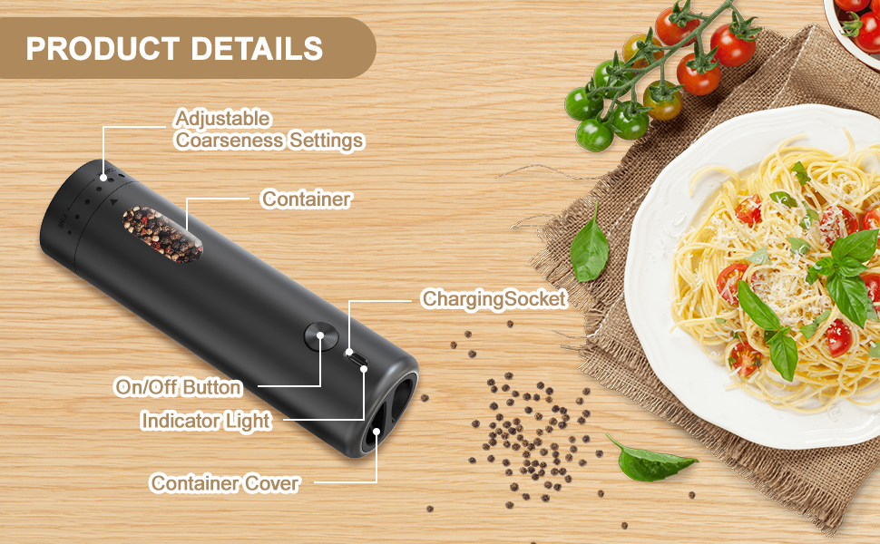 Електричний набір для солі та перцю з зарядною станцією, об'єм 110 мл, перезаряджувана соляна млинка з 5 рівнями, керамічна млинка з щіткою (1 шт, чорний)