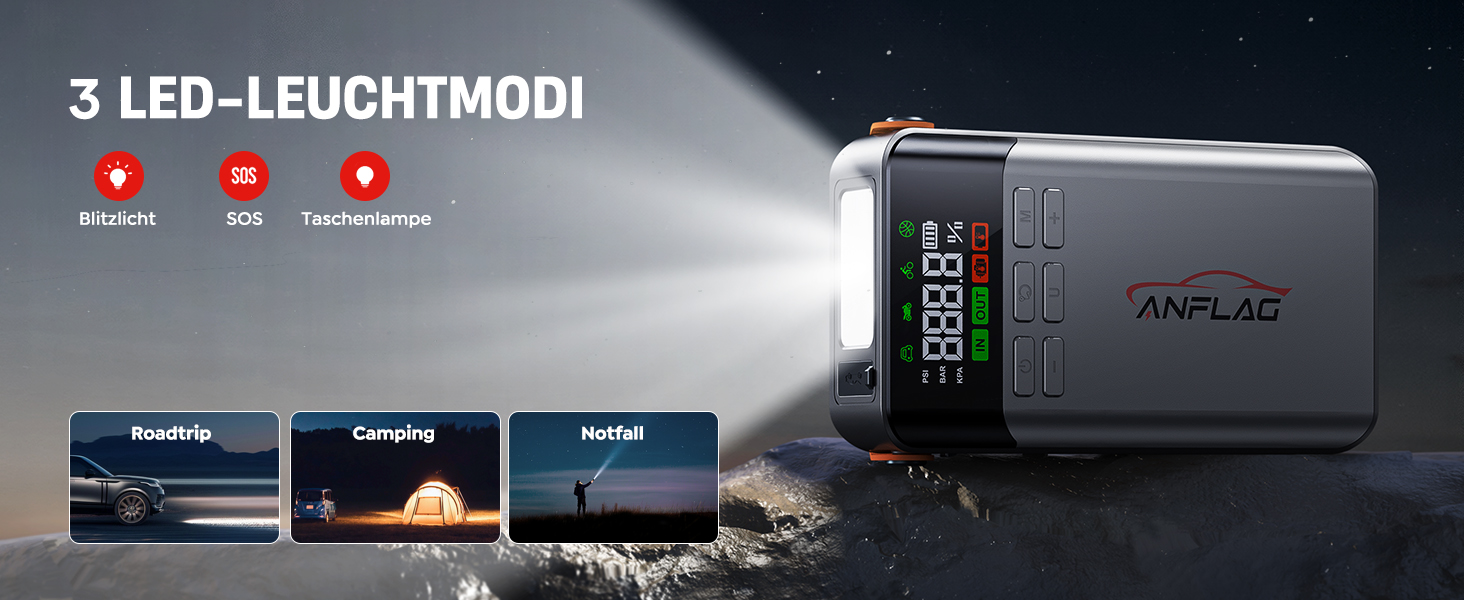 Портативний пусковий пристрій ANFLAG 5500A з компресором 150PSI, LCD-екраном та LED-ліхтариком (сірий)