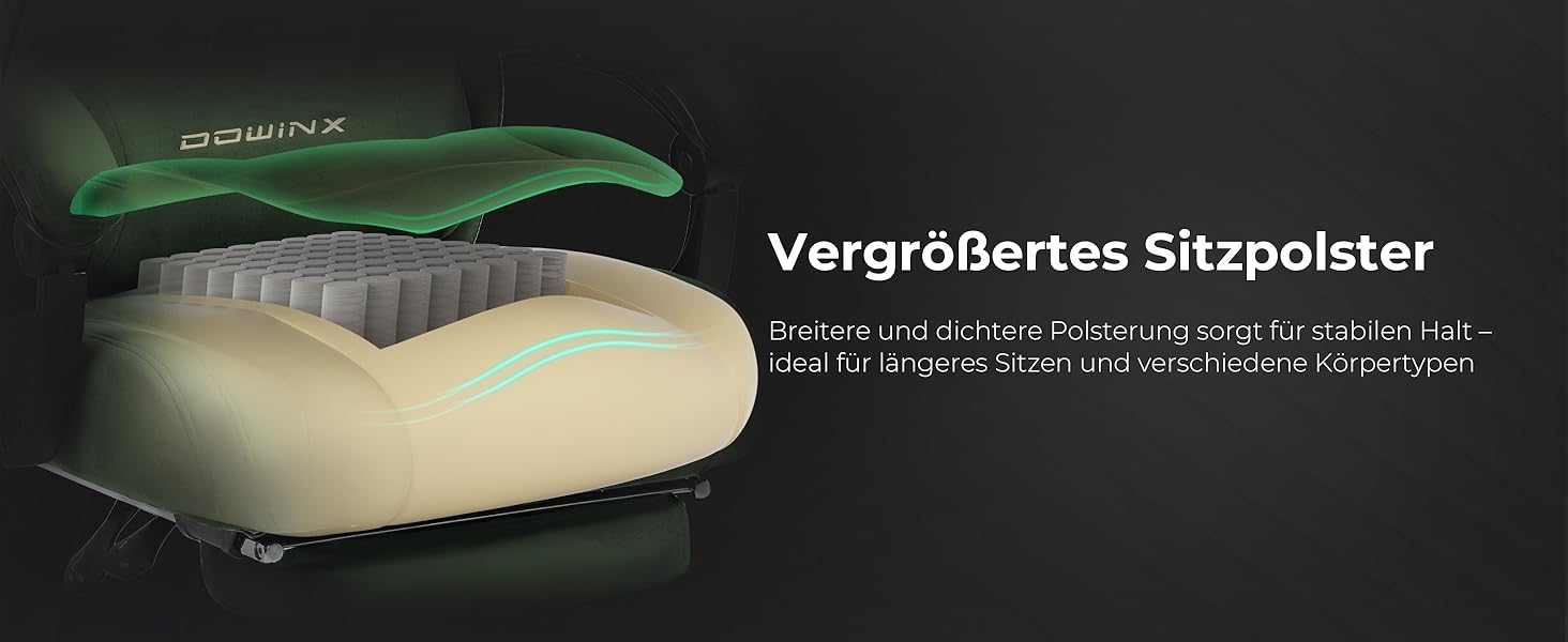 Ігрове крісло Dowinx з масажем попереку, регульованою підголівником, потовщеним сидінням, висувною підніжкою, регульованими підлокітниками, мікрофіброю велюром, нахилом 160°, (зелене)