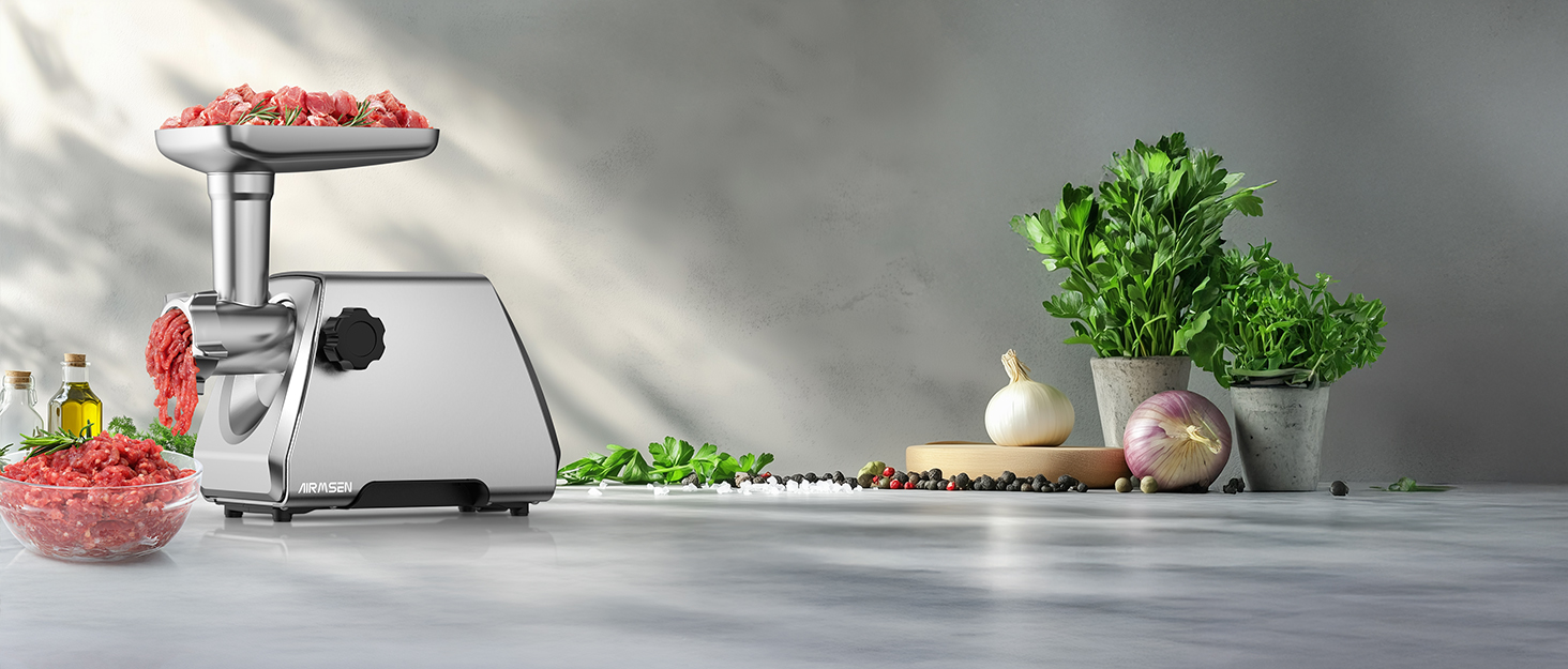 Електрична м'ясоподрібнювач AIRMSEN з насадкою для ковбас, 2 леза з нержавіючої сталі, 3 диски, аксесуар Куб, тихий промисловий двигун, для дому, нержавіюча сталь