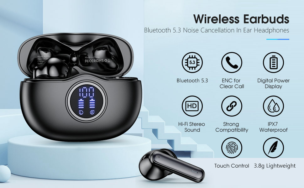 Навушники Bluetooth у вусі, LED, 40 годин, ENC, HiFi, IP7, Спорт/Робота, BT 5.3, Чорний