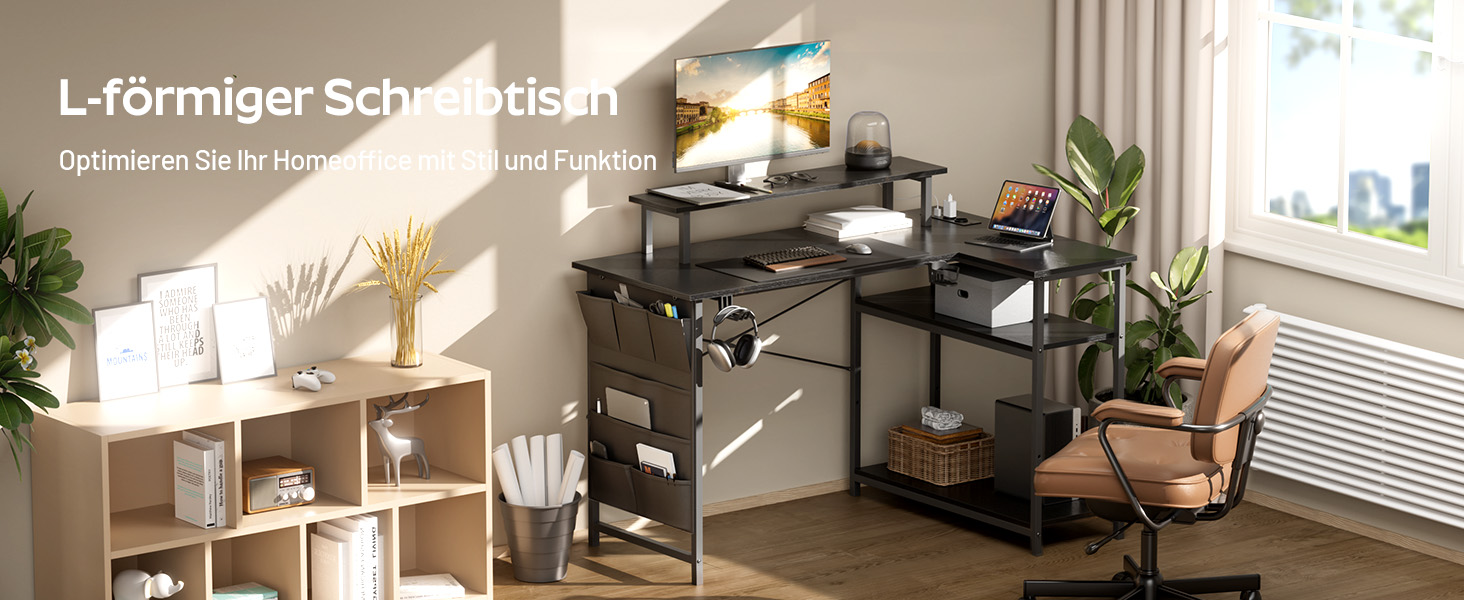 Кутовий стіл HLONONE з LED-підсвіткою та розетками, 110 x 80 см, з полицею, для комп'ютера, геймінгу, офісу, дому, білого (чорного) кольору