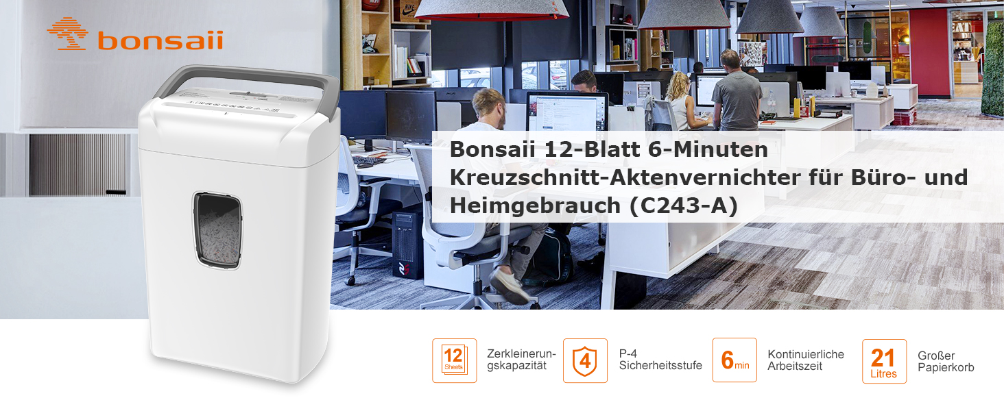 Шредер Bonsaii P4, 12 аркушів, 21 л, знищення карт/CD/скріпок, для офісу та дому