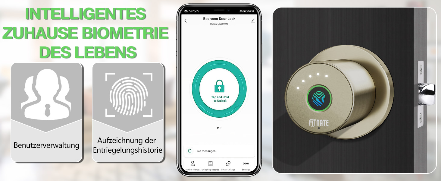 Розумна біометрична дверна ручка з відбитком пальця FITNATE з керуванням додатком для дому, готелю, офісу (золотиста)