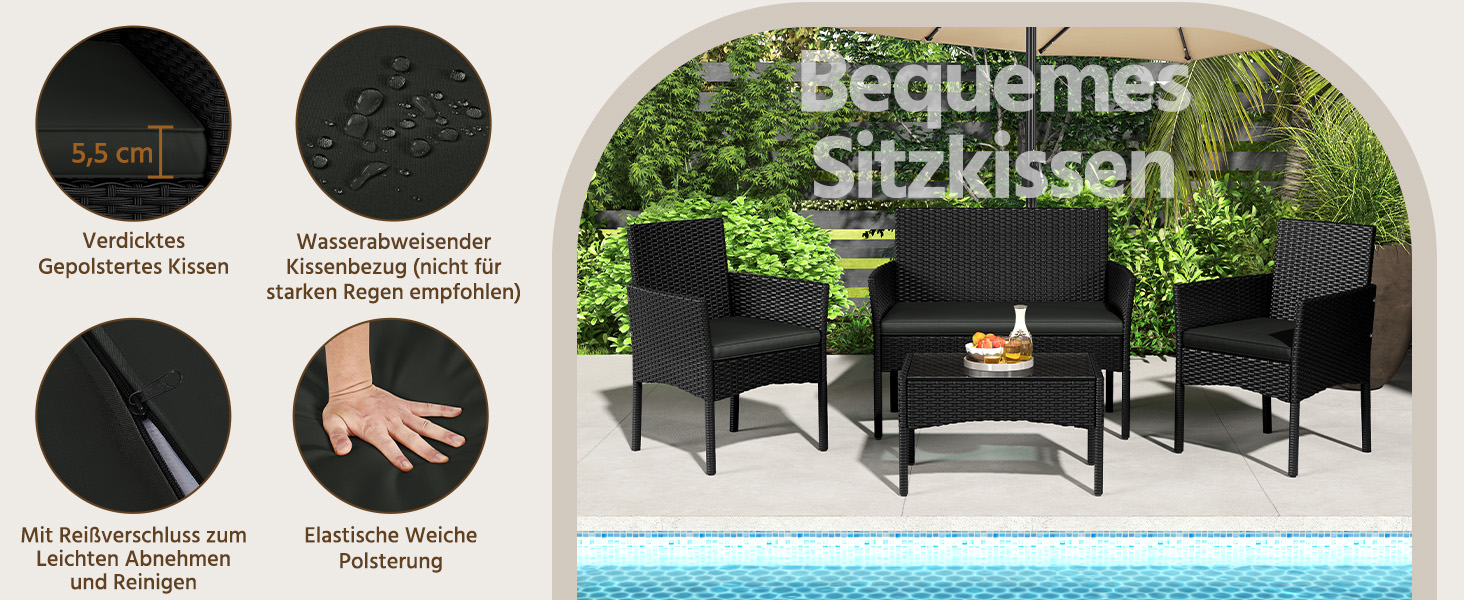 Набір садово-розплідницьких меблів Yaheetech на 4 особи з ротангу для тераси/балкону/саду (софа 2 місця, 2 стільці, стіл, подушки)