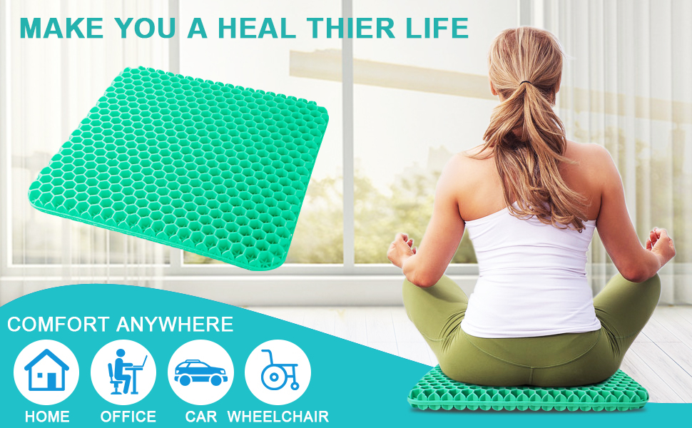 Ортопедична гелева подушка на стілець для офісу, авто та інвалідних візків, м'яка з антиковзаючим чохлом (Зелений, 43x39x4 см)