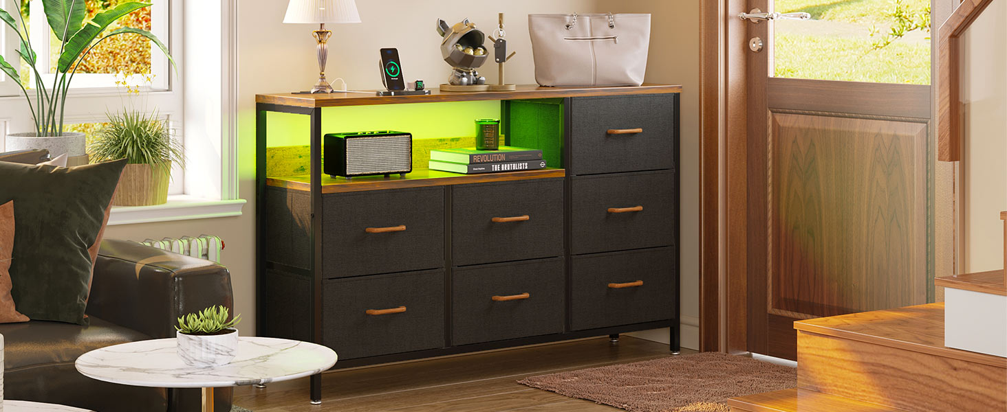 Комод Coleshome з висувними ящиками, LED-підсвічуванням, 2 USB-портами та розетками, 7 тканинних ящики, 132*30*89 см (Ретро колір)