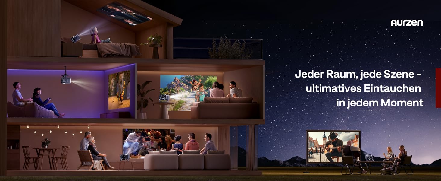 Проектор Aurzen Boom Mini 4-в-1 з Google TV, 4K, 20W Dolby Audio, Wi-Fi, Bluetooth, для дому та на вулицю, автоматичне фокусування, корекція трапецеїдальних спотворень, 500 ANSI люмен (Чорний)