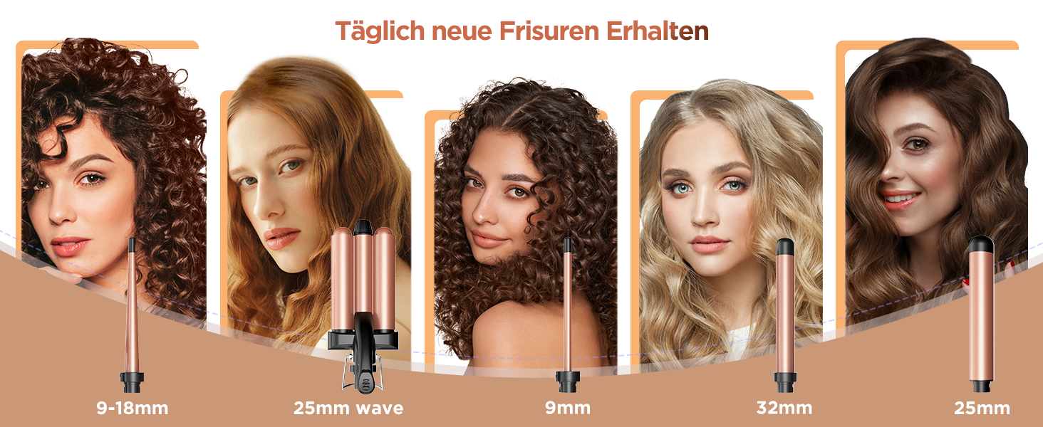 BESTOPE Набір для завивки волосся 5 в 1 з керамічним нагрівом, різні насадки для великих та маленьких локонів, 9-32 мм, швидкий нагрів, 2 температурні режими для довгого та короткого волосся (Золотий)