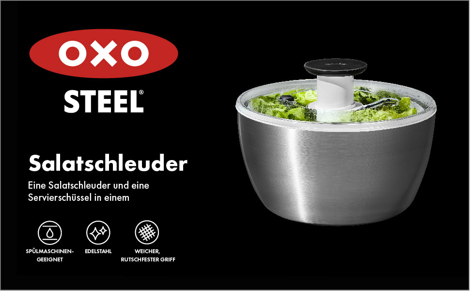 Салатниця-швидкообертач OXO SteeL з нержавіючої сталі з кришкою – для миття та сушіння салату. Нержавіюча сталь, велика