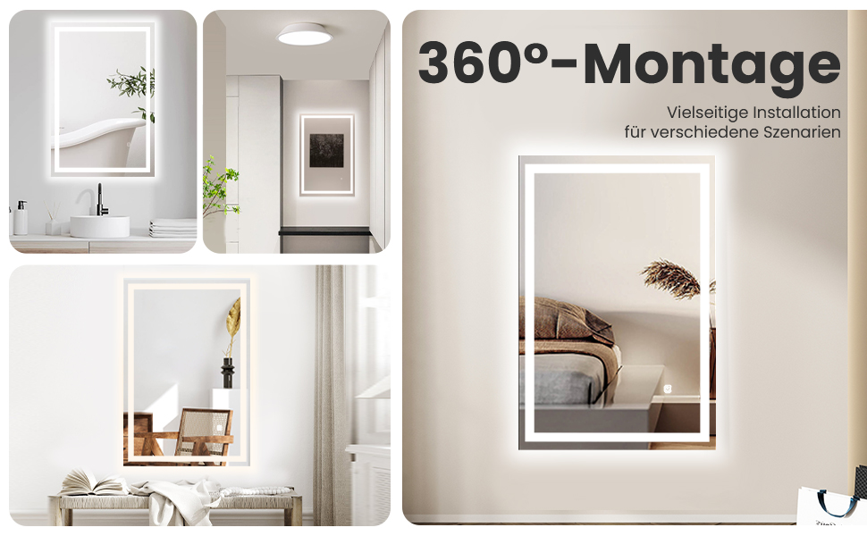 Дзеркало для ванної кімнати з підсвіткою 70x50 см | LED дзеркало | IP54 вологостійке | Сенсорне управління | Настінне дзеркало | Горизонтальна/Вертикальна установка