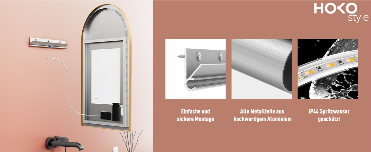 Дзеркало для ванної кімнати LED HOKO Design Turin, овальне, 45x75 см, матовий чорний, з підсвічуванням, сенсорне керування, зміна кольору світла (тепле/холодне/нейтральне), антизапарювання, монтаж HOCH+QUER