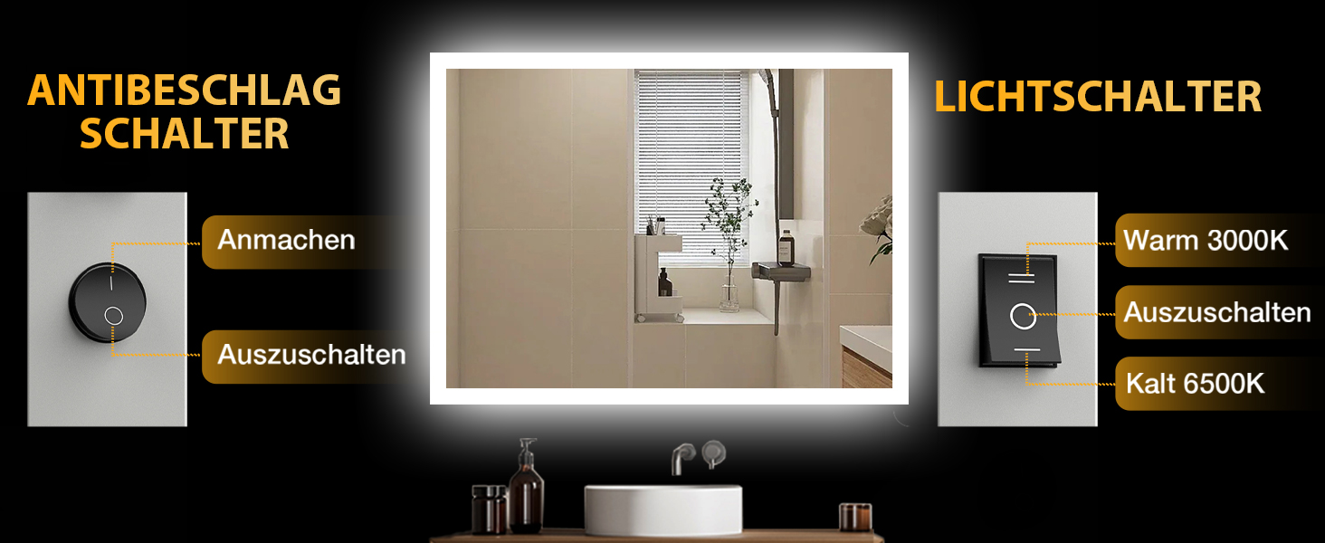 Дзеркало для ванної кімнати з підсвічуванням LED, антизапар, 2 кольори світла (3000K/6500K), нахильний вимикач, прямокутне, 45x60 см