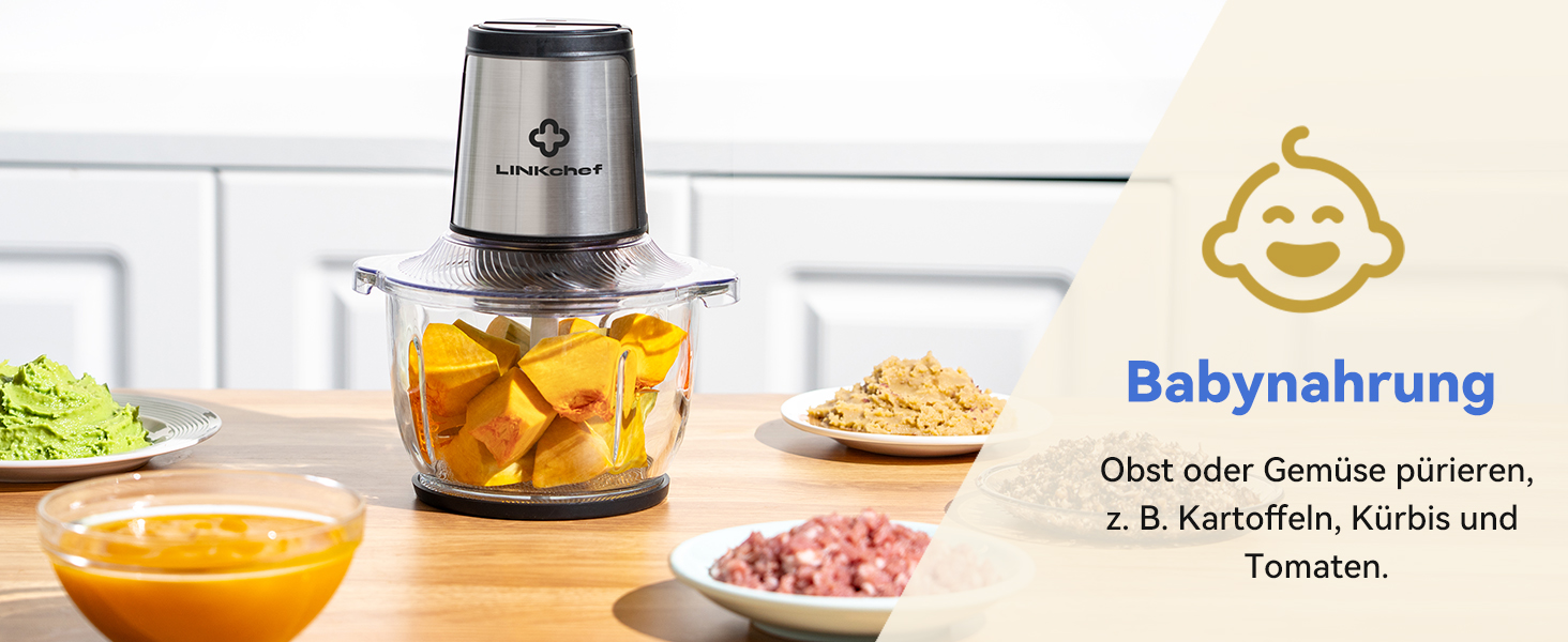 Подрібнювач LINKChef електричний 1.5л, скляна чаша, сталеві ножі, 2 швидкості, для м'яса, фруктів, овочів та дитячого харчування, сріблястий