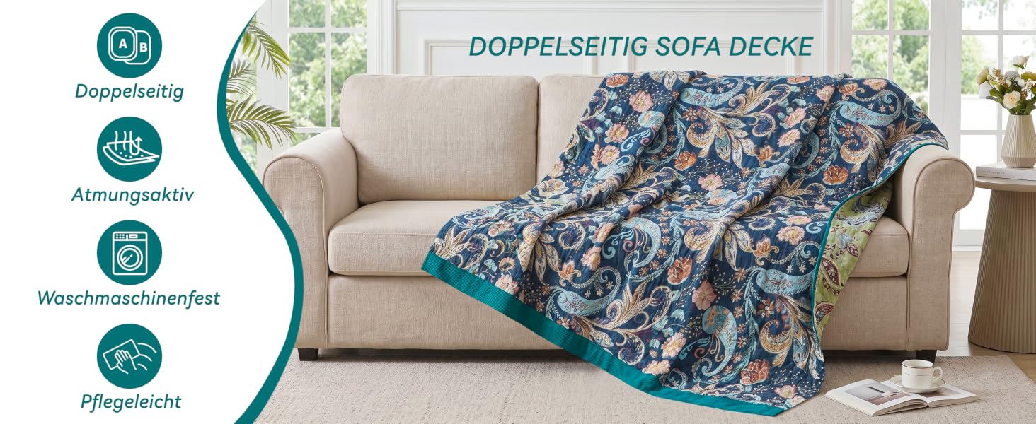 Преміум плед Bailix Boho з 100% бавовни, двостороння муслінова ковдра 200x230 см для дивана та ліжка, декоративна patchwork ковдра в стилі бохо, колір Indigo-traum