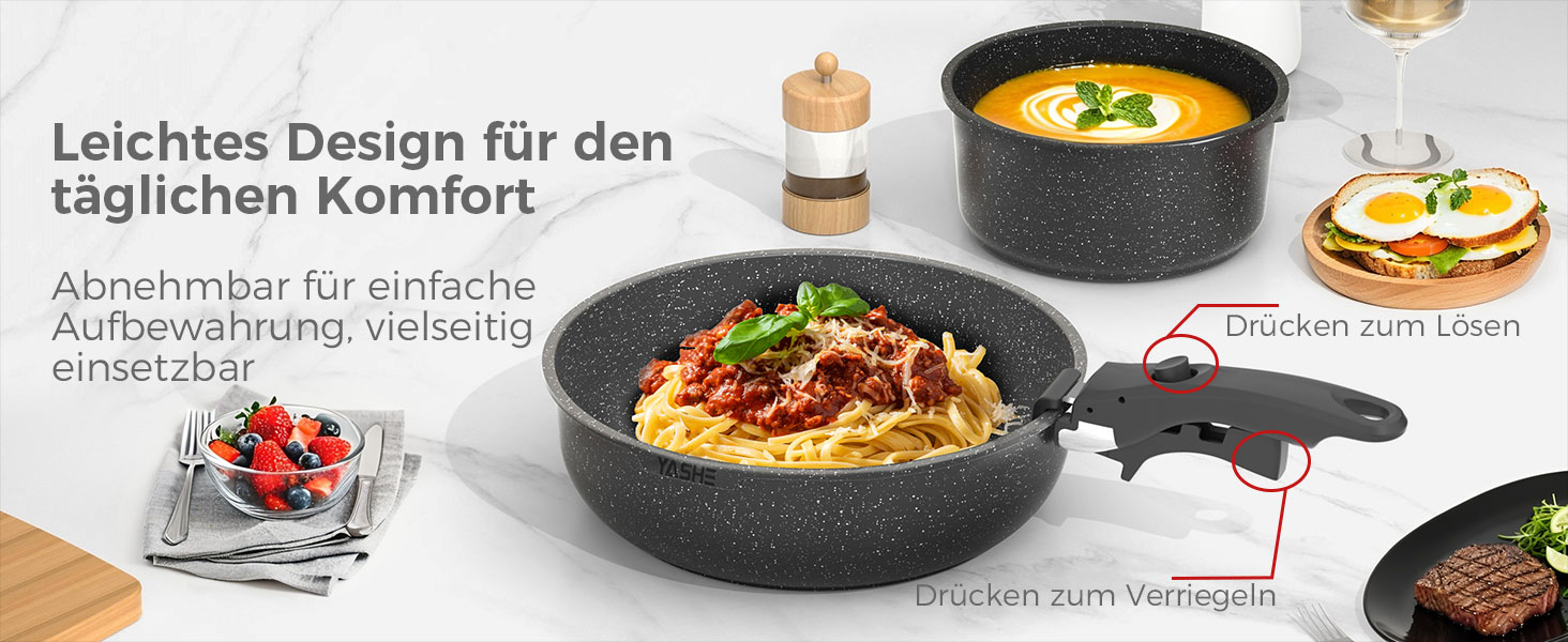 Набір каструль та сковорідок YASHE 9 шт. з антипригарним покриттям, білий (сірий), для всіх плит, знімний ручка, сумісний з духовкою, компактний, економія місця