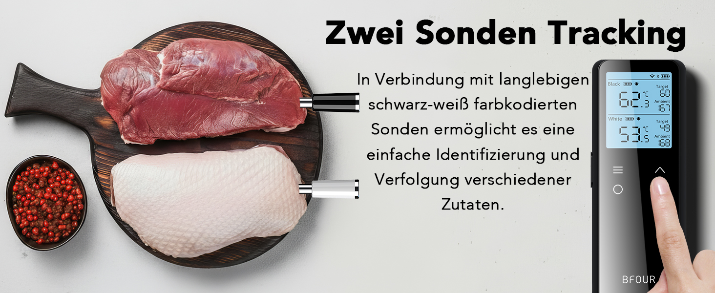 Бездротовий термометр для м'яса BFOUR BF-80 з Bluetooth та Wi-Fi, 2 зонди, 6 сенсорів, IP67 водонепроникний, сенсорне управління, APP-керування, термометр для приготування BBQ, духовки та гриля